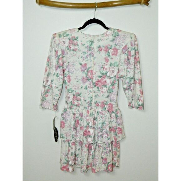 Champagne West Dress Size 3/4‎ Vintage 80s  Ivory Pink Floral Tier Skater Mini - Picture 8 of 12